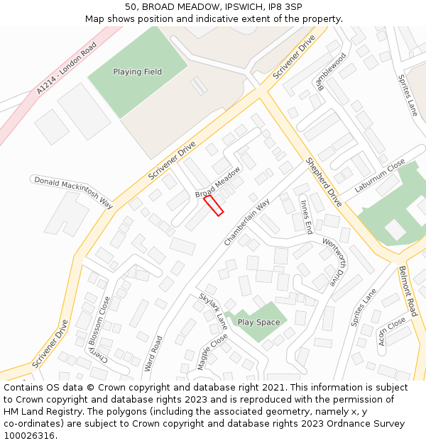 50, BROAD MEADOW, IPSWICH, IP8 3SP: Location map and indicative extent of plot