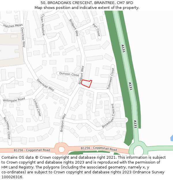 50, BROADOAKS CRESCENT, BRAINTREE, CM7 9FD: Location map and indicative extent of plot