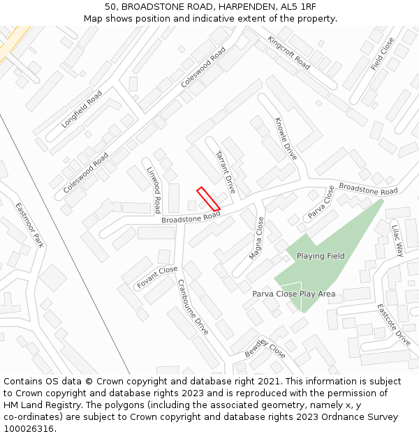 50, BROADSTONE ROAD, HARPENDEN, AL5 1RF: Location map and indicative extent of plot