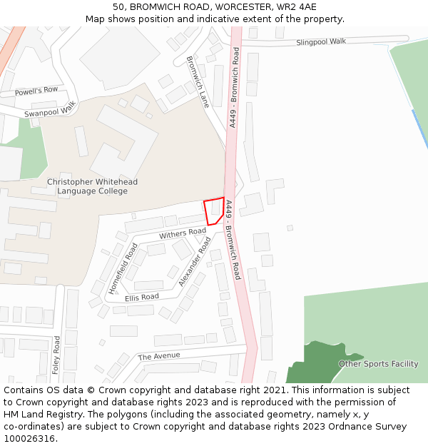 50, BROMWICH ROAD, WORCESTER, WR2 4AE: Location map and indicative extent of plot