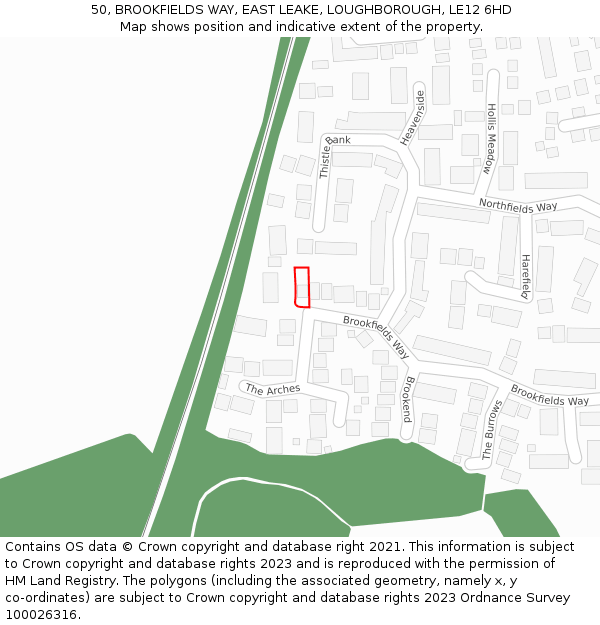 50, BROOKFIELDS WAY, EAST LEAKE, LOUGHBOROUGH, LE12 6HD: Location map and indicative extent of plot
