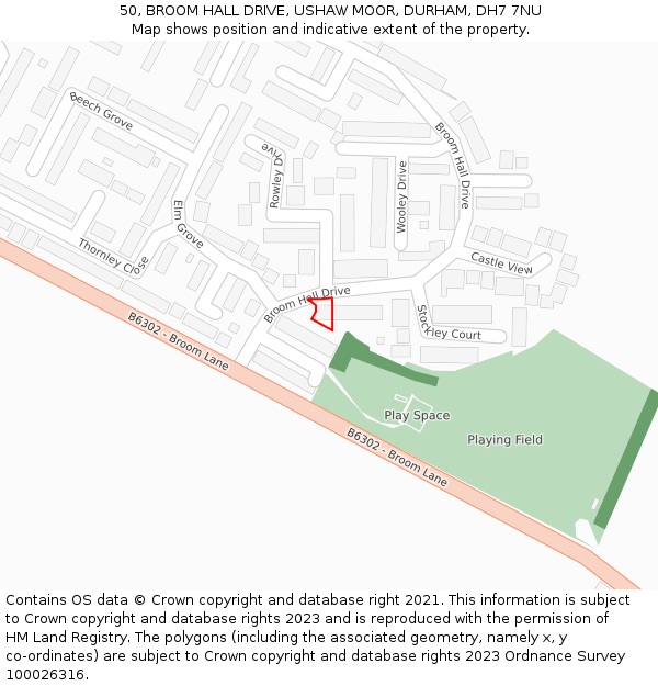 50, BROOM HALL DRIVE, USHAW MOOR, DURHAM, DH7 7NU: Location map and indicative extent of plot