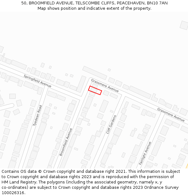 50, BROOMFIELD AVENUE, TELSCOMBE CLIFFS, PEACEHAVEN, BN10 7AN: Location map and indicative extent of plot