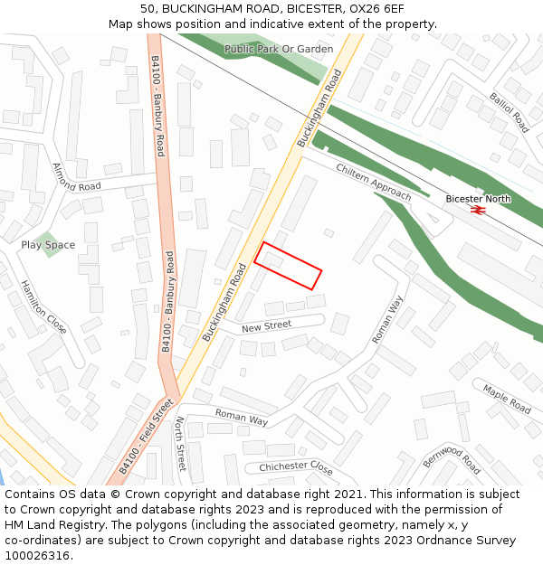 50, BUCKINGHAM ROAD, BICESTER, OX26 6EF: Location map and indicative extent of plot