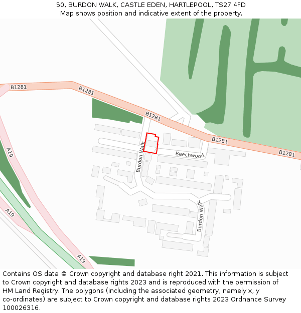 50, BURDON WALK, CASTLE EDEN, HARTLEPOOL, TS27 4FD: Location map and indicative extent of plot