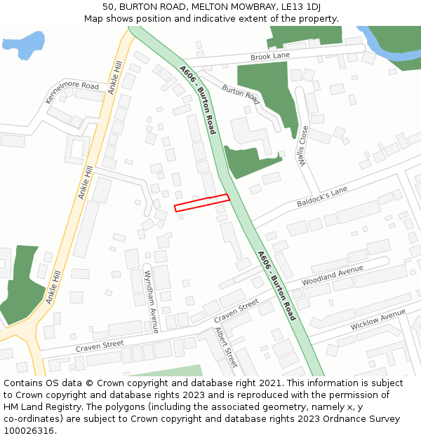 50, BURTON ROAD, MELTON MOWBRAY, LE13 1DJ: Location map and indicative extent of plot