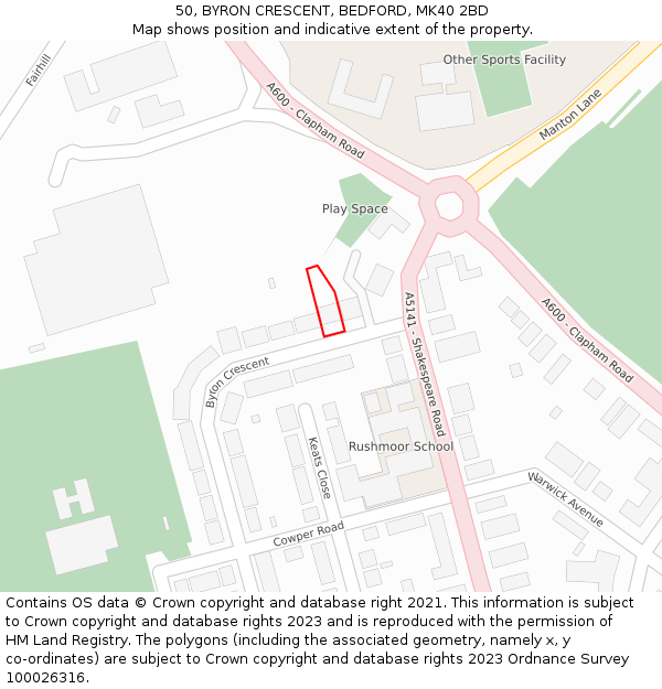 50, BYRON CRESCENT, BEDFORD, MK40 2BD: Location map and indicative extent of plot