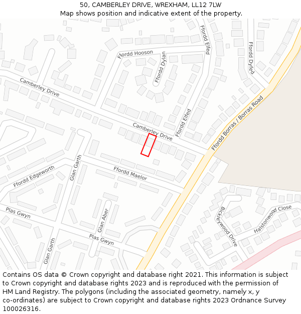 50, CAMBERLEY DRIVE, WREXHAM, LL12 7LW: Location map and indicative extent of plot