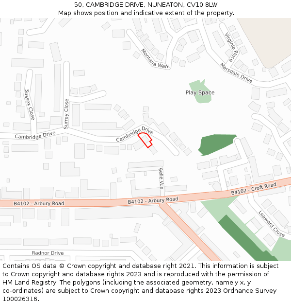 50, CAMBRIDGE DRIVE, NUNEATON, CV10 8LW: Location map and indicative extent of plot