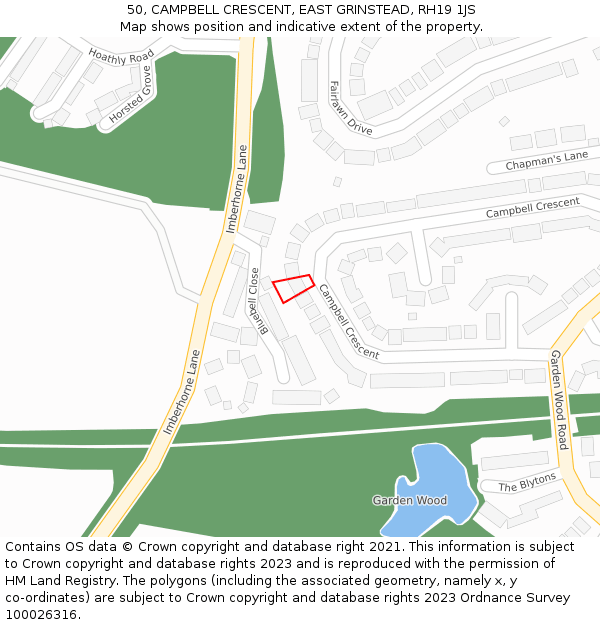 50, CAMPBELL CRESCENT, EAST GRINSTEAD, RH19 1JS: Location map and indicative extent of plot