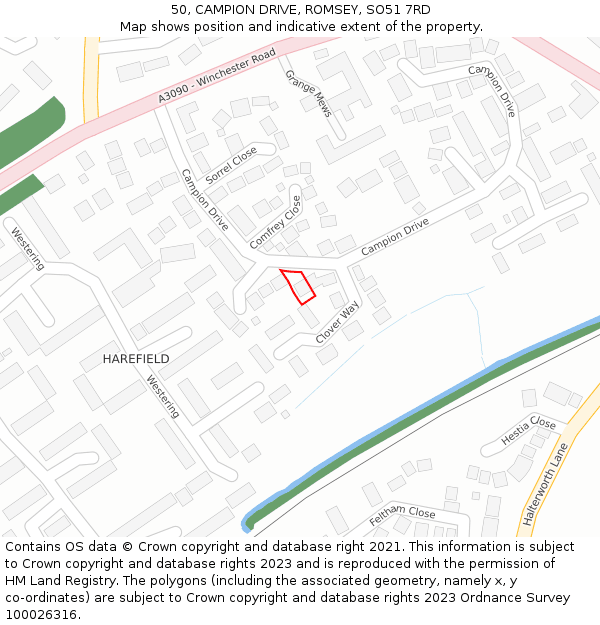 50, CAMPION DRIVE, ROMSEY, SO51 7RD: Location map and indicative extent of plot