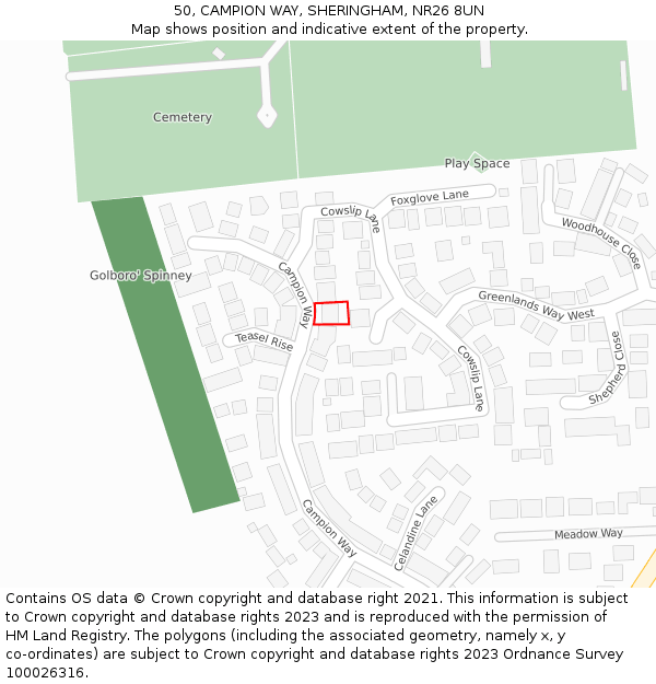 50, CAMPION WAY, SHERINGHAM, NR26 8UN: Location map and indicative extent of plot