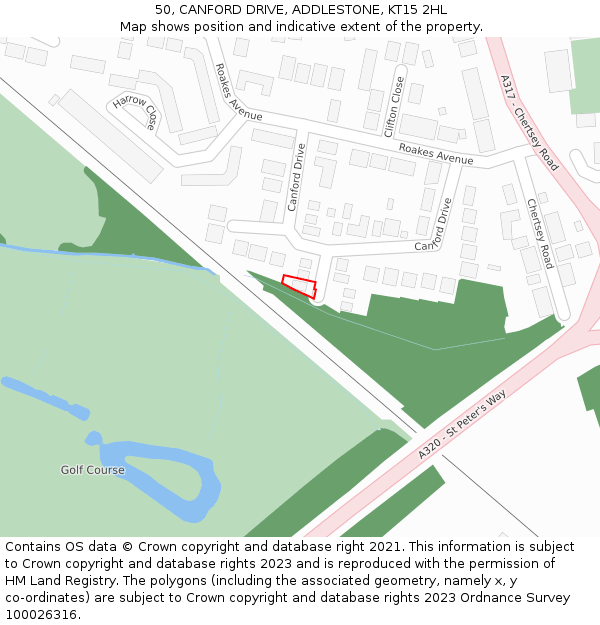 50, CANFORD DRIVE, ADDLESTONE, KT15 2HL: Location map and indicative extent of plot