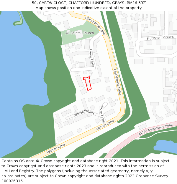 50, CAREW CLOSE, CHAFFORD HUNDRED, GRAYS, RM16 6RZ: Location map and indicative extent of plot