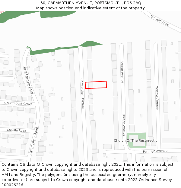 50, CARMARTHEN AVENUE, PORTSMOUTH, PO6 2AQ: Location map and indicative extent of plot