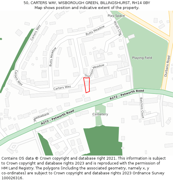 50, CARTERS WAY, WISBOROUGH GREEN, BILLINGSHURST, RH14 0BY: Location map and indicative extent of plot
