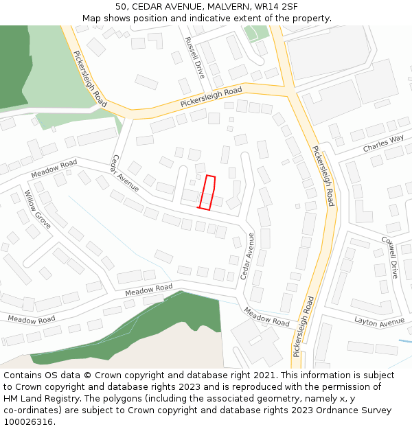 50, CEDAR AVENUE, MALVERN, WR14 2SF: Location map and indicative extent of plot