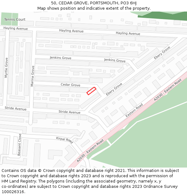 50, CEDAR GROVE, PORTSMOUTH, PO3 6HJ: Location map and indicative extent of plot