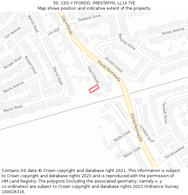 50, CEG Y FFORDD, PRESTATYN, LL19 7YE: Location map and indicative extent of plot