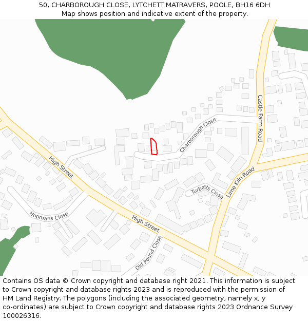 50, CHARBOROUGH CLOSE, LYTCHETT MATRAVERS, POOLE, BH16 6DH: Location map and indicative extent of plot