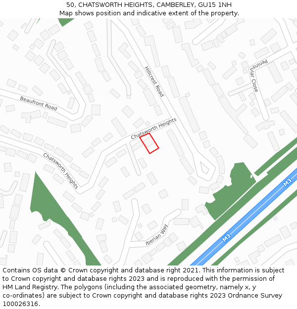 50, CHATSWORTH HEIGHTS, CAMBERLEY, GU15 1NH: Location map and indicative extent of plot