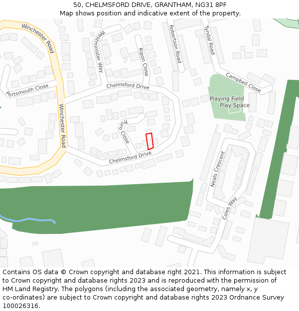 50, CHELMSFORD DRIVE, GRANTHAM, NG31 8PF: Location map and indicative extent of plot