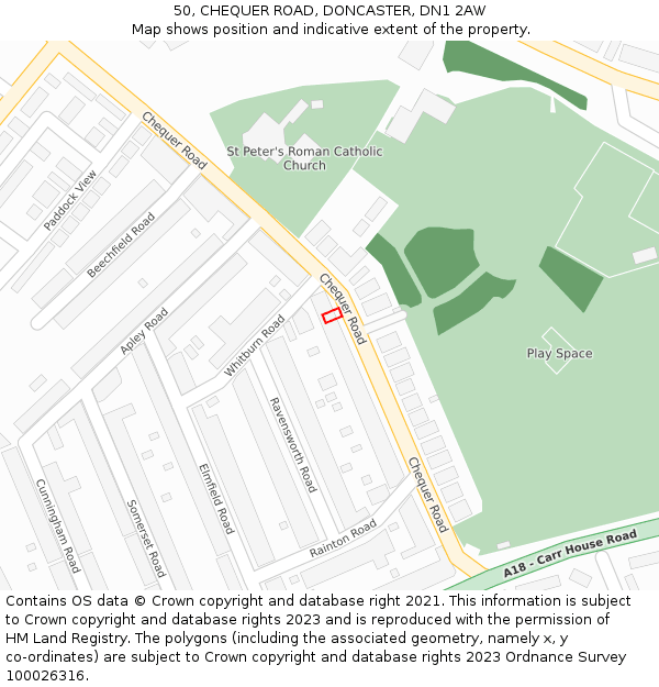 50, CHEQUER ROAD, DONCASTER, DN1 2AW: Location map and indicative extent of plot