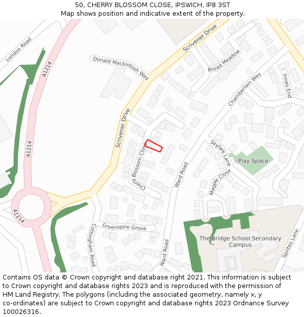 50, CHERRY BLOSSOM CLOSE, IPSWICH, IP8 3ST: Location map and indicative extent of plot