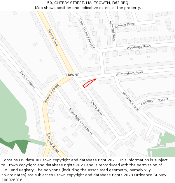 50, CHERRY STREET, HALESOWEN, B63 3RQ: Location map and indicative extent of plot