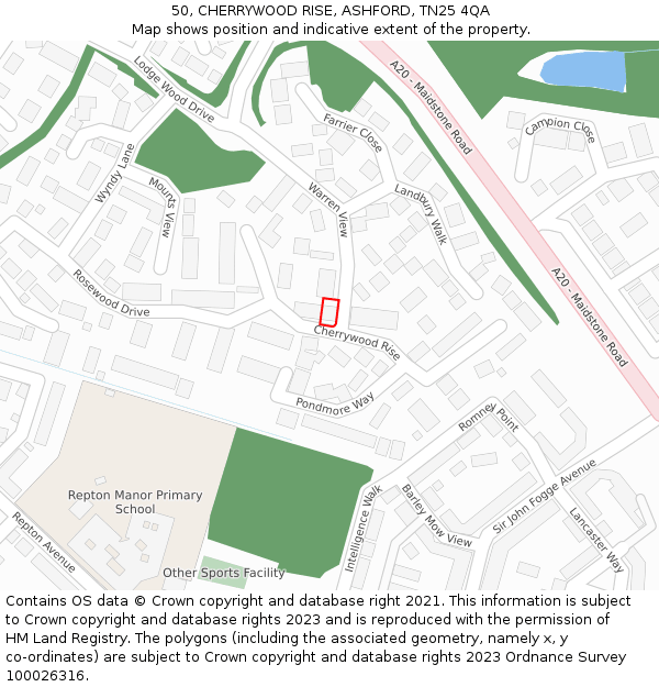 50, CHERRYWOOD RISE, ASHFORD, TN25 4QA: Location map and indicative extent of plot