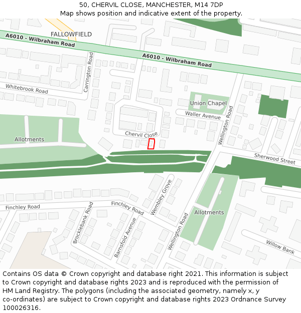 50, CHERVIL CLOSE, MANCHESTER, M14 7DP: Location map and indicative extent of plot