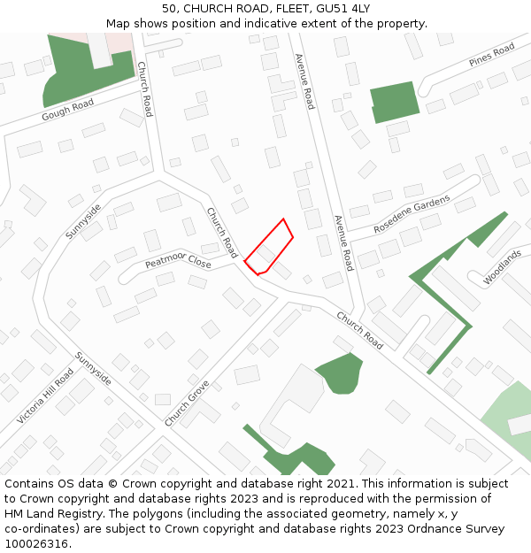 50, CHURCH ROAD, FLEET, GU51 4LY: Location map and indicative extent of plot