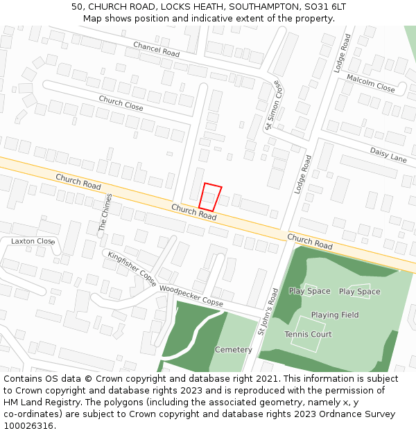 50, CHURCH ROAD, LOCKS HEATH, SOUTHAMPTON, SO31 6LT: Location map and indicative extent of plot