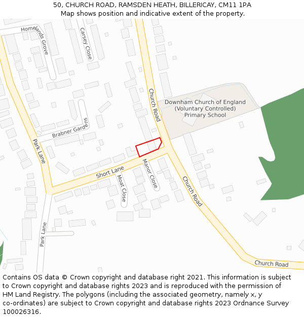 50, CHURCH ROAD, RAMSDEN HEATH, BILLERICAY, CM11 1PA: Location map and indicative extent of plot