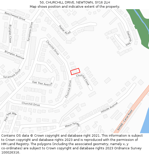 50, CHURCHILL DRIVE, NEWTOWN, SY16 2LH: Location map and indicative extent of plot