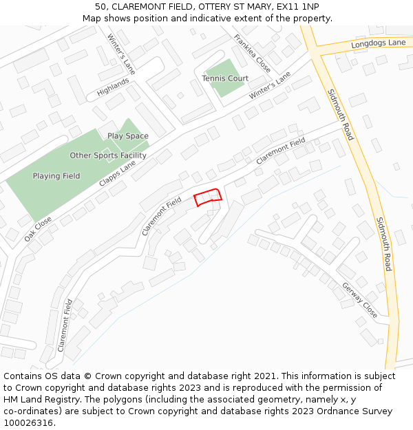 50, CLAREMONT FIELD, OTTERY ST MARY, EX11 1NP: Location map and indicative extent of plot