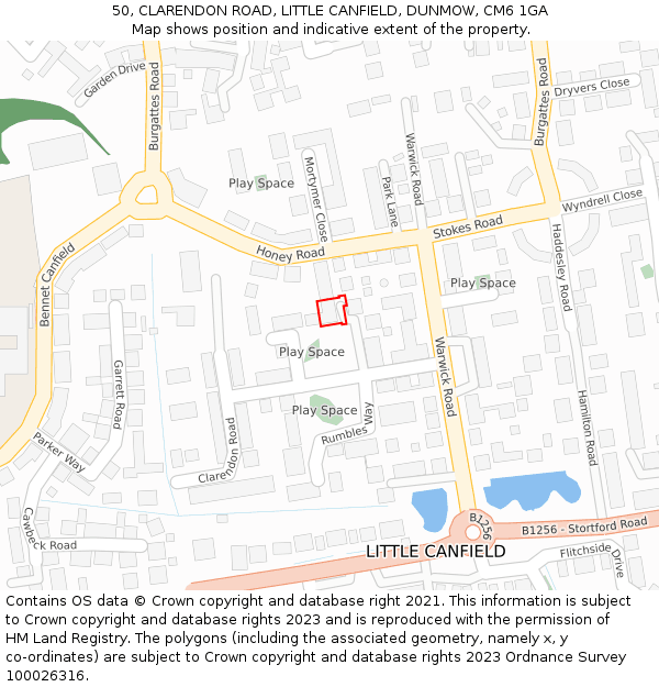 50, CLARENDON ROAD, LITTLE CANFIELD, DUNMOW, CM6 1GA: Location map and indicative extent of plot