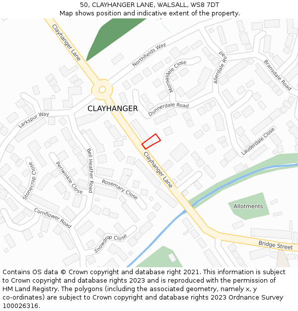 50, CLAYHANGER LANE, WALSALL, WS8 7DT: Location map and indicative extent of plot