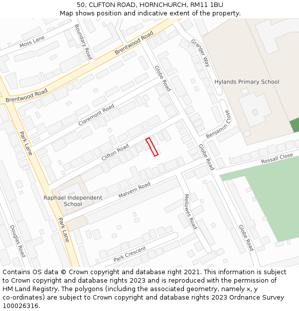 50, CLIFTON ROAD, HORNCHURCH, RM11 1BU: Location map and indicative extent of plot