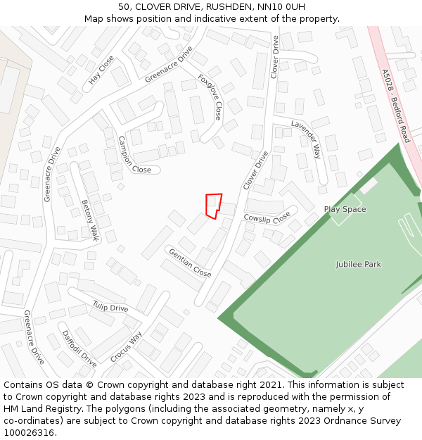 50, CLOVER DRIVE, RUSHDEN, NN10 0UH: Location map and indicative extent of plot