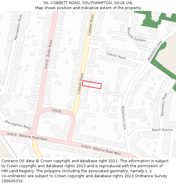 50, COBBETT ROAD, SOUTHAMPTON, SO18 1HL: Location map and indicative extent of plot