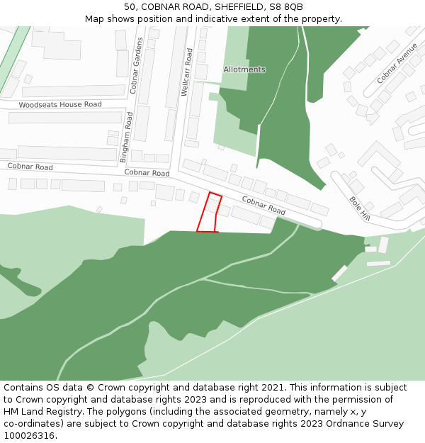 50, COBNAR ROAD, SHEFFIELD, S8 8QB: Location map and indicative extent of plot
