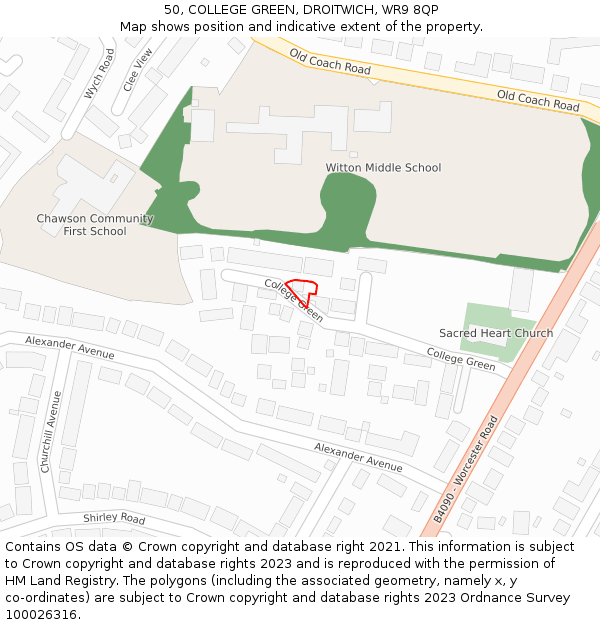 50, COLLEGE GREEN, DROITWICH, WR9 8QP: Location map and indicative extent of plot