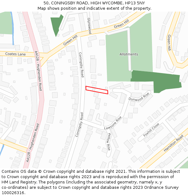 50, CONINGSBY ROAD, HIGH WYCOMBE, HP13 5NY: Location map and indicative extent of plot