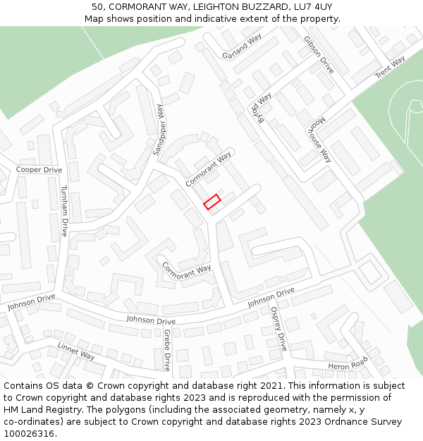 50, CORMORANT WAY, LEIGHTON BUZZARD, LU7 4UY: Location map and indicative extent of plot