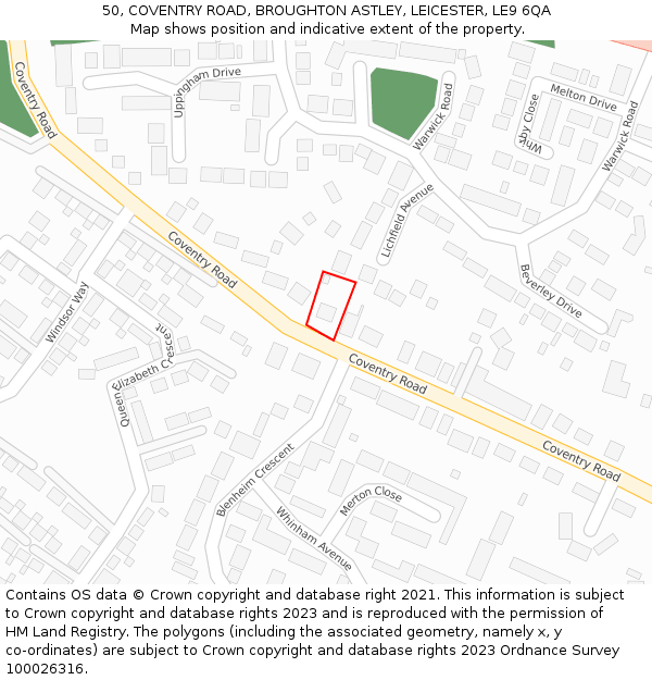 50, COVENTRY ROAD, BROUGHTON ASTLEY, LEICESTER, LE9 6QA: Location map and indicative extent of plot