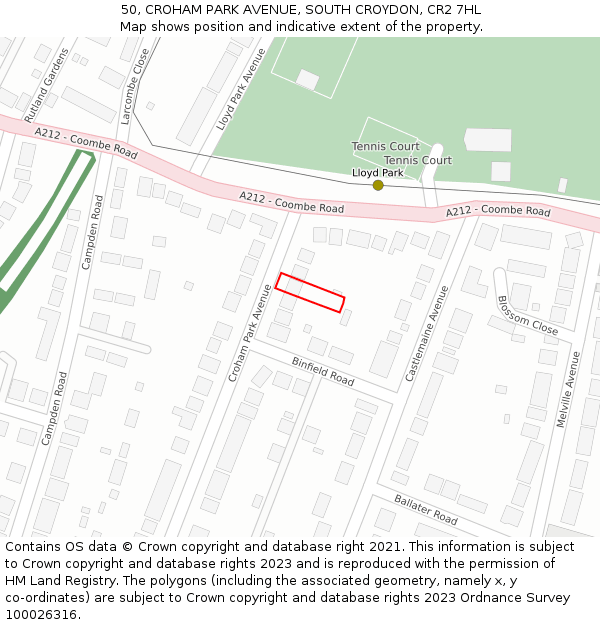 50, CROHAM PARK AVENUE, SOUTH CROYDON, CR2 7HL: Location map and indicative extent of plot