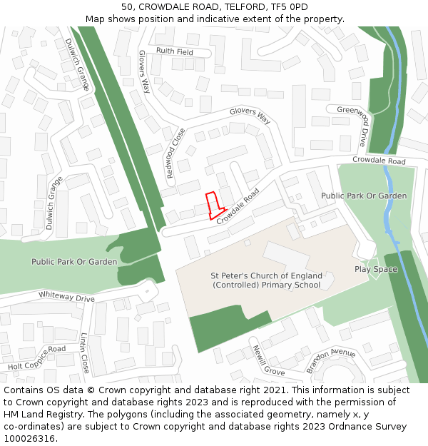 50, CROWDALE ROAD, TELFORD, TF5 0PD: Location map and indicative extent of plot