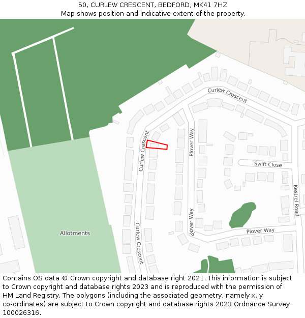 50, CURLEW CRESCENT, BEDFORD, MK41 7HZ: Location map and indicative extent of plot