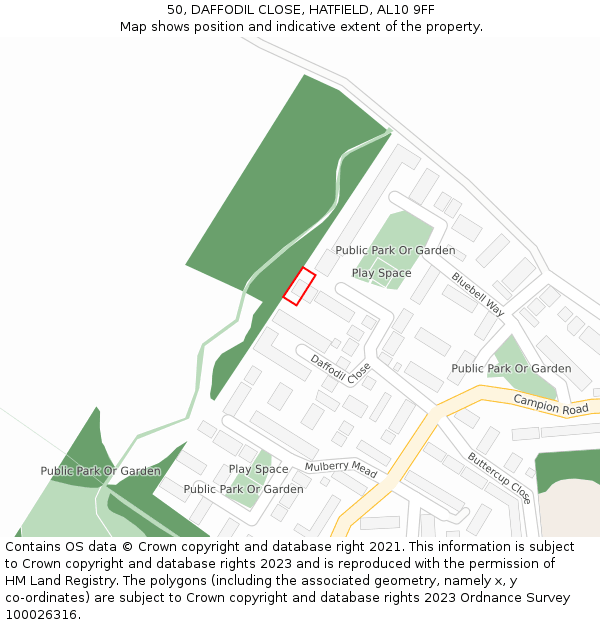 50, DAFFODIL CLOSE, HATFIELD, AL10 9FF: Location map and indicative extent of plot